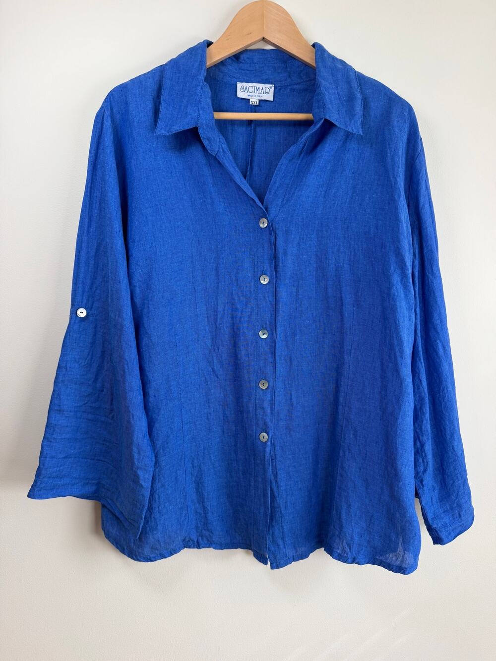 Sagimar 100% Linen Button Down Shirt Blouse Roll Tab Sleeve Italy Blue Women XXL